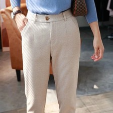 Women High Waisted Woolen Pencil Pants Winter Casual Office Suit Trousers Pocket