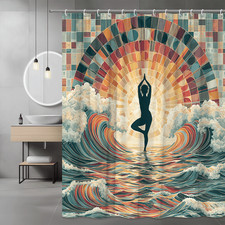 Boho Yoga Sunset Wave Shower Curtain, Abstract Ocean Art