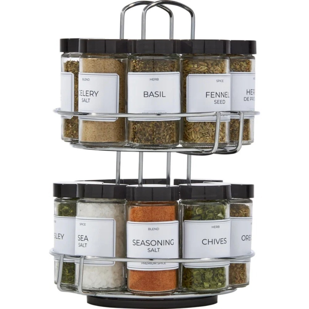  16-Jar Chrome Wire 2-Tier Revolving Filled Countertop Spice Rack & Organizer
