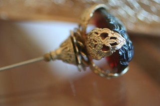 : Victorian Decorative Stick Pin Carved Ruby Red Glass Brass Filigree: