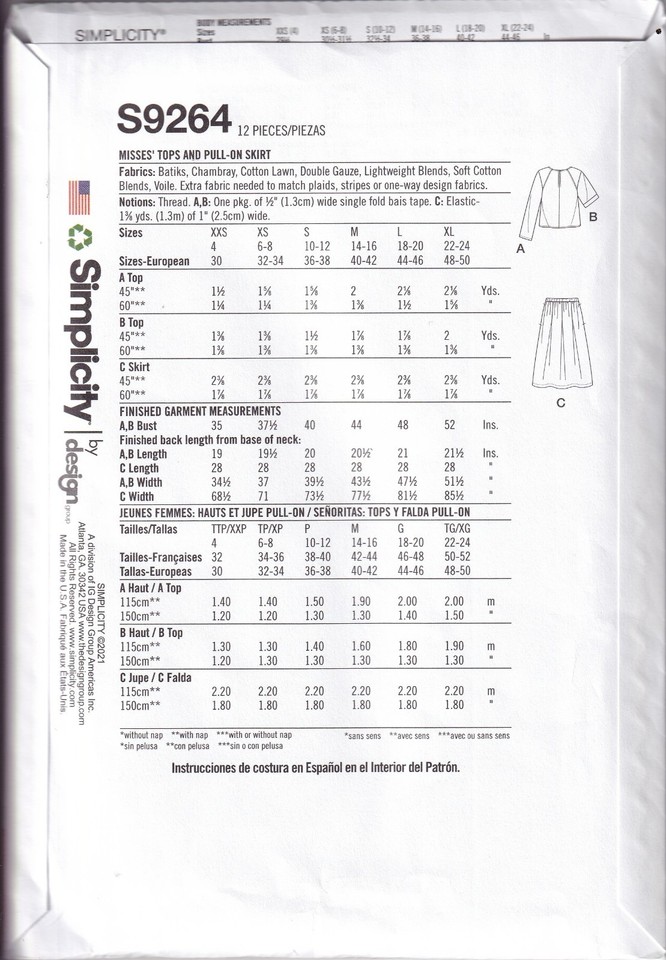 Simplicity Pattern 9124 Simplicity Sewing Pattern S9264 Misses Top & Pull-on Skirt - Sizes XXS ...