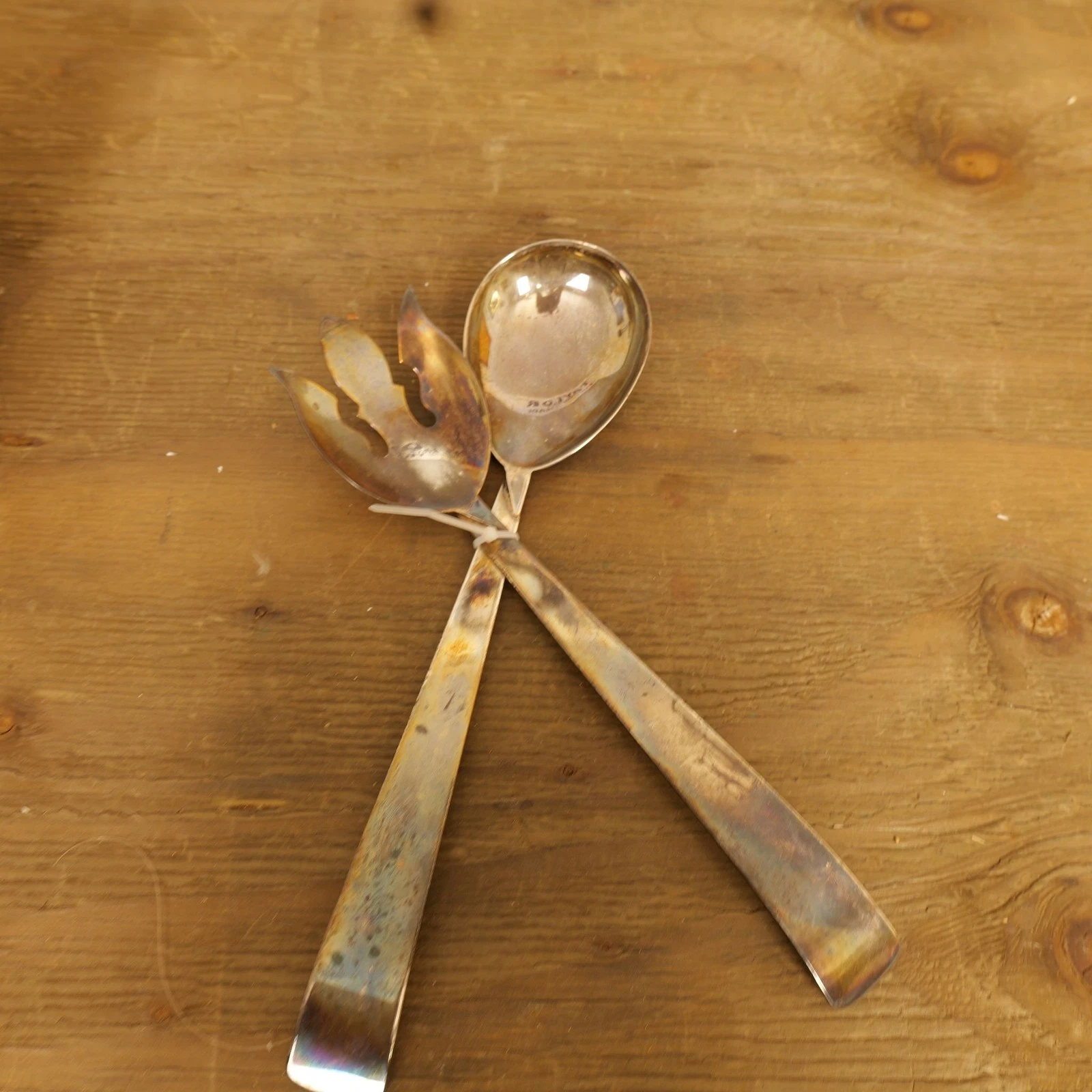 Vintage Serving Spoon Fork Set Metal Tarnished Iridescent Patina 2pc Table