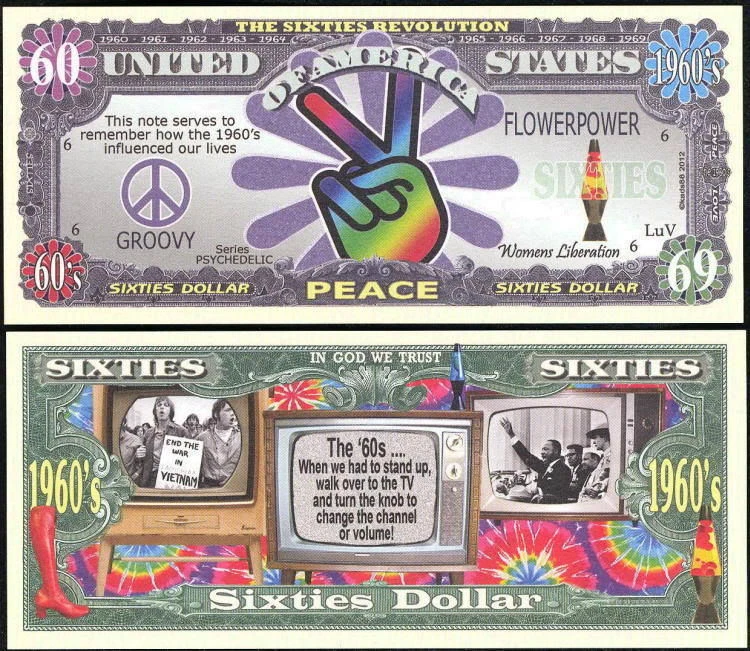 1960's Peace Sixties Dollar Bill Play Funny Money Novelty Note +FREE SLEEVE