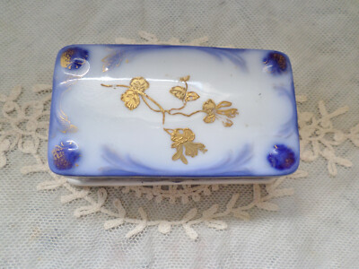 Gorgeous! Antique Limoges Embossed Design Porcelain Blue & Gold Stamp Box