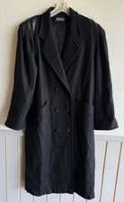 Vintage 1980s Jofeld Black Wool Leather Shoulder Pleats Double Breasted Coat XL
