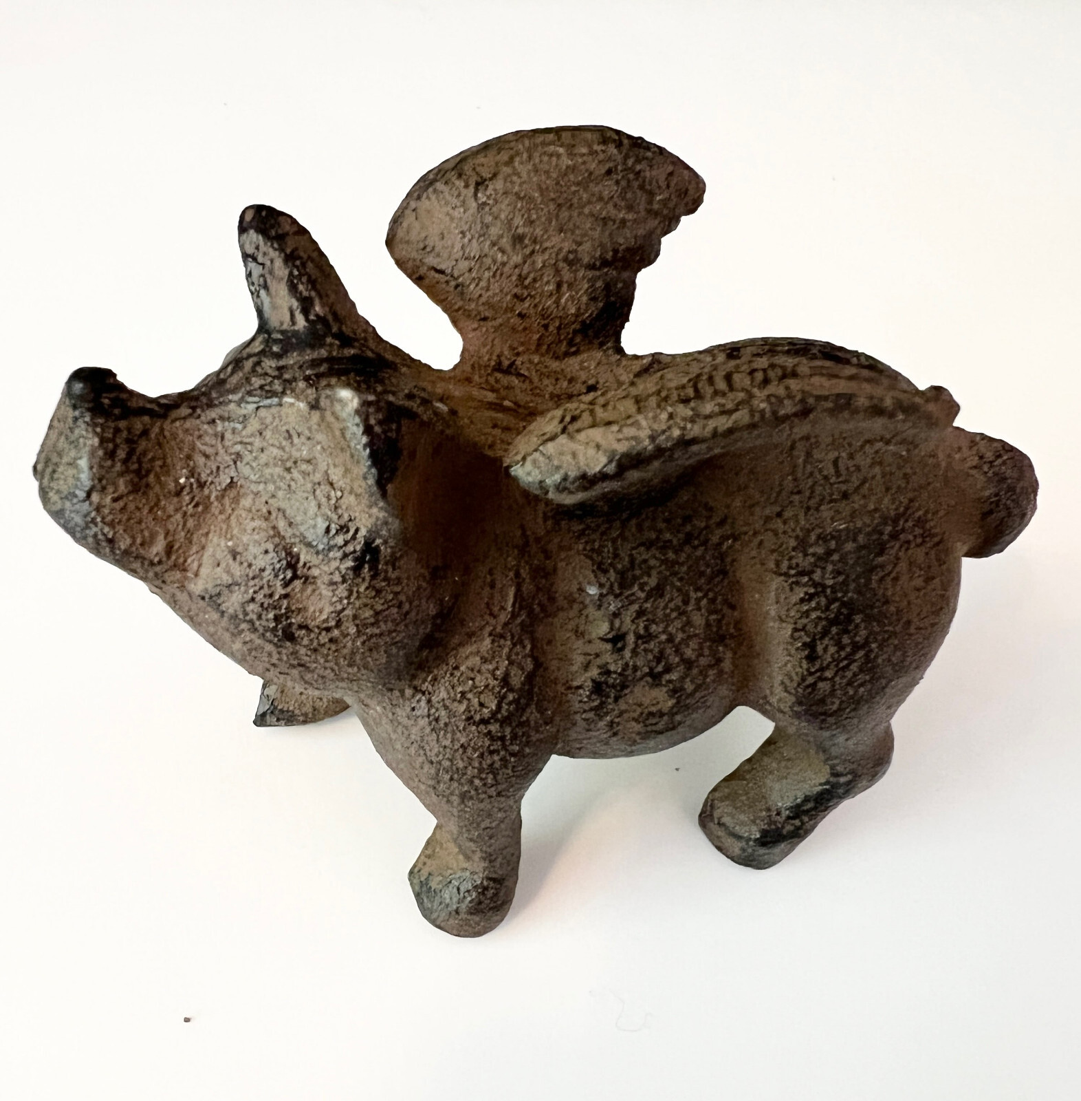 Vintage Cast Iron Brown Flying Pig Heavy Figurine Paperweight, 3” tall by 4”long