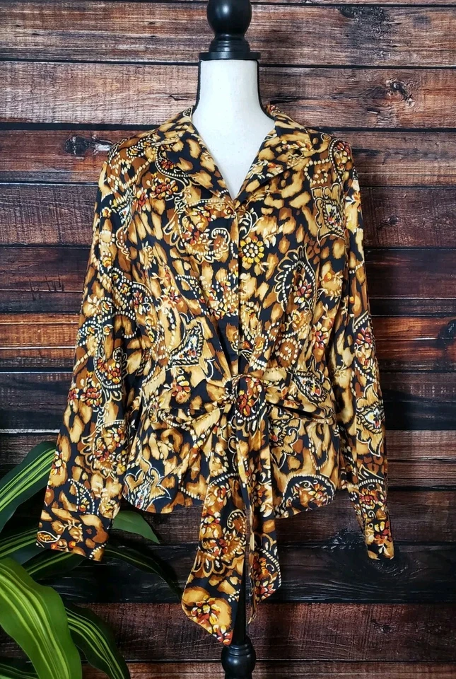 Jones New York Signature Blouse Size XL Button Up Tie Front Top Cotton Boho - Image 3 of 4
