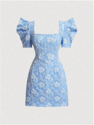Blue MOD Square Neck Puff Sleeve Jacquard Dress Sz XS S M L