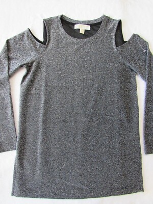 Michael Kors Top Black Silver Metallic Cold Shoulder Long Sleeve Womens size M
