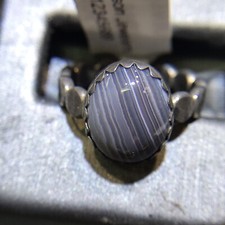 Blu/Wht Stripe Agate Ring Round Sz6 Bezel Set Silver 925 Design Band Natural 