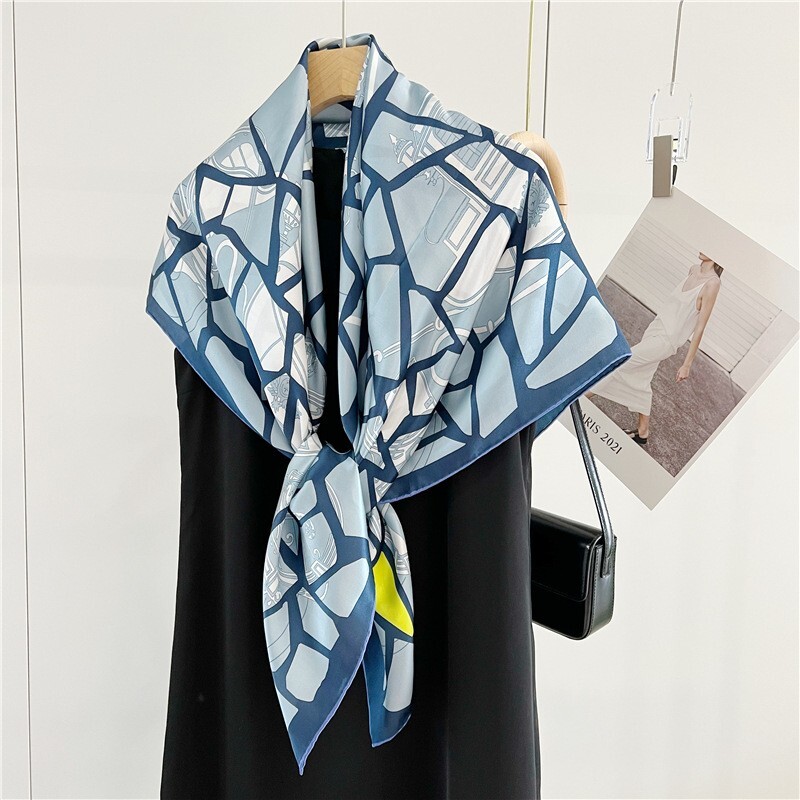 Geometric Carriage Print 100% Mulberry Silk Wrap Scarf 43 Inch Shawl Bandanna