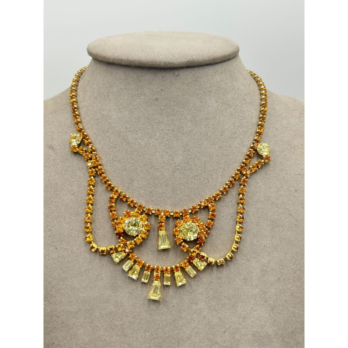Vintage Topaz & Yellow Rhinestones Necklace Signed Kramer of NY