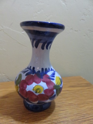Vintage Portugal Hand Painted Floral Pottery Small Bud Vase 4.5"