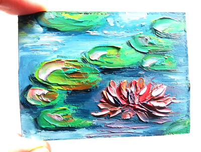 Lotus oil painting, dolls house miniature water lilies in a pond. No frame 6.5х9 cm