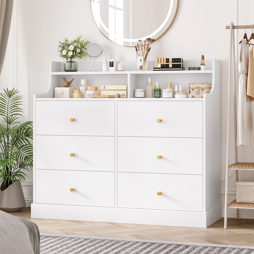 6 Drawer Double White Dresser with Hutch, Modern Wood Dresser Storage Cabinet fo