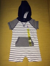 Carter's Infant Boys Hooded Romper, Pinstripe Sailboat, Navy & White, NWT