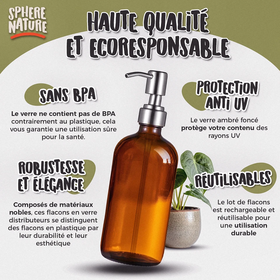 Flacon Pompe Vide Verre 500ml Ambre Vintage | Lot de 2 + Entonnoir | INOX Brossé - Photo 2/4