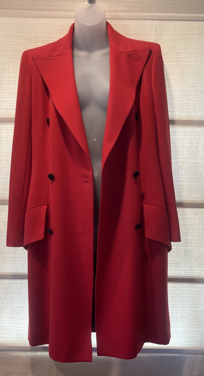 Cappotto doppiopetto vintage Valentino rosso lana gaberdine ~ pezzi ~ logo foderato in seta ~ taglia 6