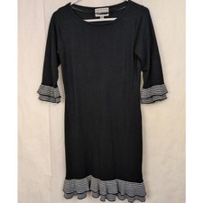 Vintage Karin Stevens black striped ruffled knit dress Size Small Preppy Retro