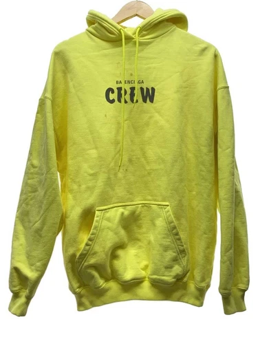 BALENCIAGA Felpa con Cappuccio 20AW Crew Logo XS Cotone Giallo JP57 2020 00431 Macchia Usata