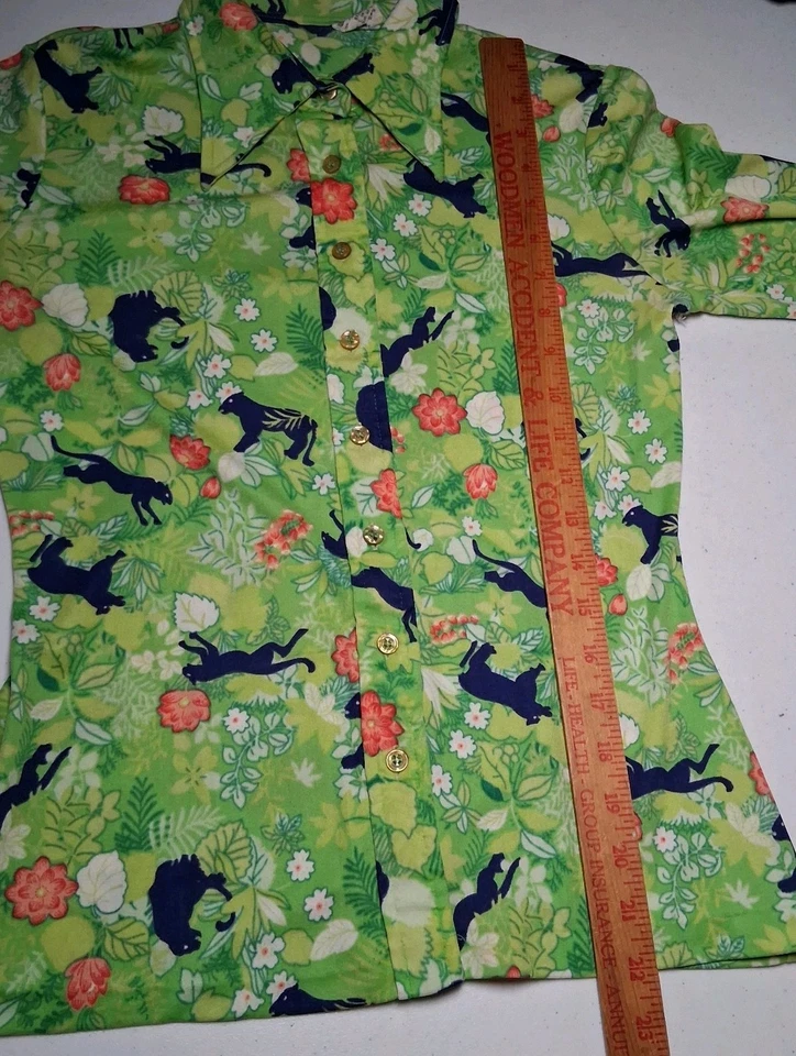 Blusa Vintage Años 70 11/12 Verde Floral Pantera Gato Corbata Cuello Nylon Enclavamiento Foto 4 de 4