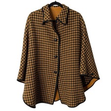 Vintage Wool Houndstooth Button Front Cape Poncho Brown Black Collared Coat