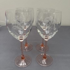 PINK STEMMED ETCHED BOWL WINE/WATER GLASSES-set of 4.    (B53)