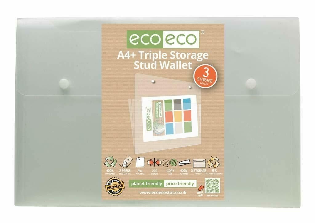 eco eco A4+ Clear Stud Wallet Triple Pocket 95% Recycled Expanding Folder X 5 Pk