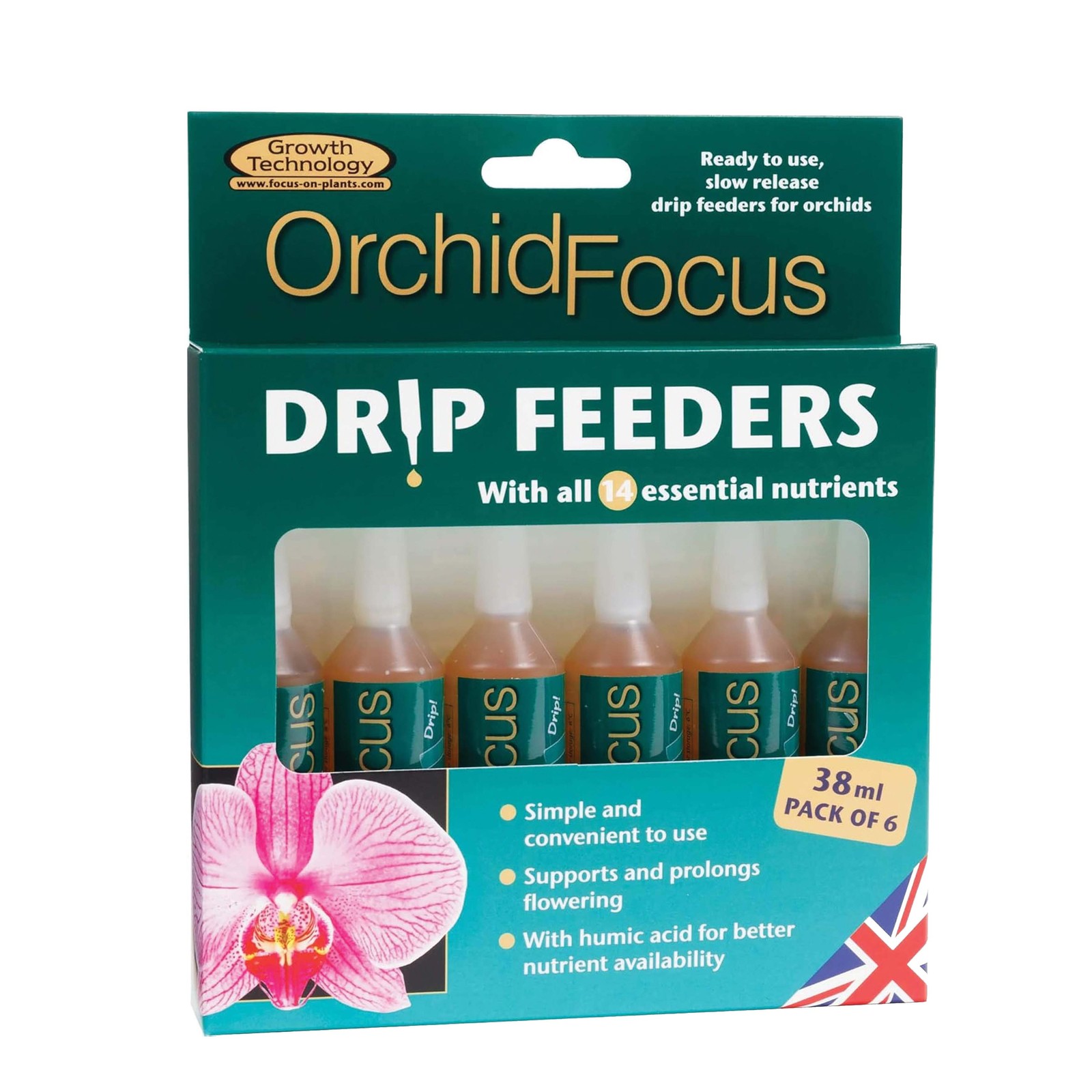 Growth Technology Orchid Focus Drip Feeders Pack of 6- Easy Nutrient Boost 38ml