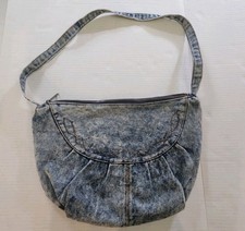 Vintage Acid Wash Denim Retro Saddle Bag Hobo Purse w/Pleats and Brown Stitching