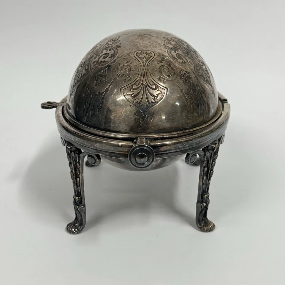 古董谢菲尔德镀银卷顶黄油盘,圆顶服务器,英国 — 第 3/4 张图片