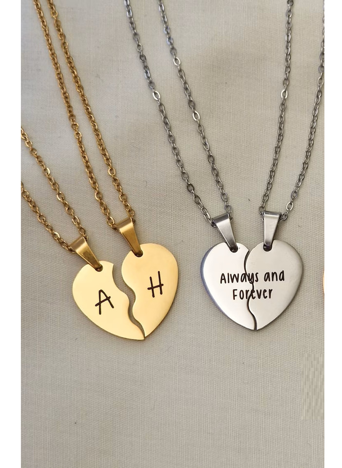 Collar Corazón Roto Grabado 2 Piezas con 2 Cadenas Regalo para Parejas