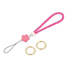 Wristlet Lanyard 4.7" Leather Keychain Strap with Flower Charm Rose Red