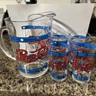 Vintage 1970'S Pepsi Cola Pitcher and Glasses Tiffany Style Stained Glass Design