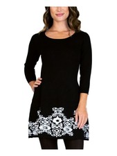 BCX Womens Black 3/4 Sleeve Scoop Neck Short Wear To Work Fit + Flare Dress L