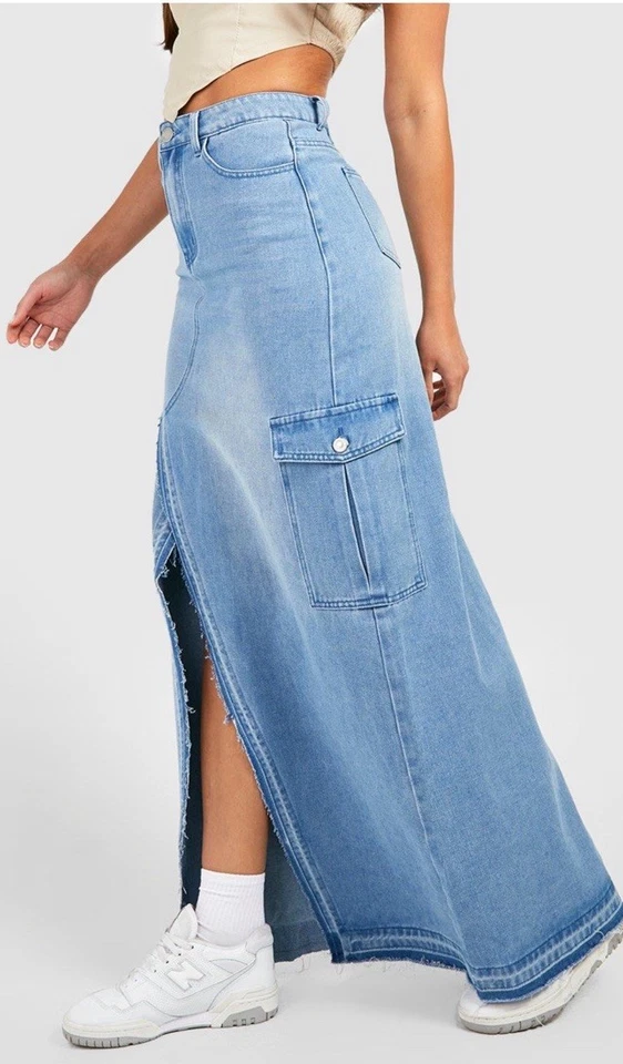 Maxi Falda Denim Cintura Alta Boohoo Frontal Abertura Bolsillos Carga Ropa de Calle Y2K Talla 12 Foto 4 de 4