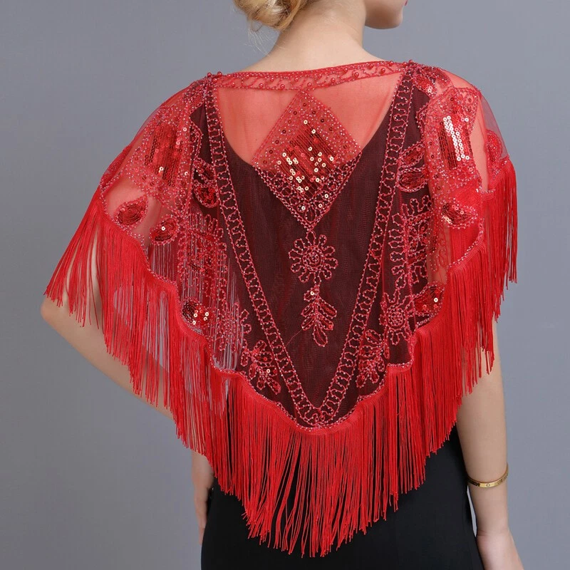Женщин ретро блестками сетки шаль с кисточками бисером бахрома чистый плащ прикрыть - Изображение 4 из 4