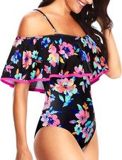 Women's One Piece Swimsuit Vintage Inspired Off Shoulder Ruffled Size M New