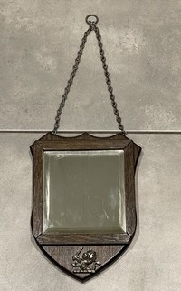 Antique Oak Arts And Crafts Crest Heraldic Passant Lion Bevelled wall Mirror