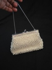 Vintage 60s Era Faux Pearl Beads Iridescent Sequins Evening Bag Ivory Hong Kong