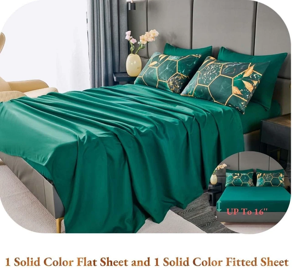 Juego de edredón de oro esmeralda de 7 piezas California tamaño king, Cal-King (7 piezas) verde Foto 2 de 4