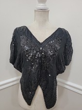 Ladies Vintage, Black, 100 Silk , Sequinned Butterfly design top Medium