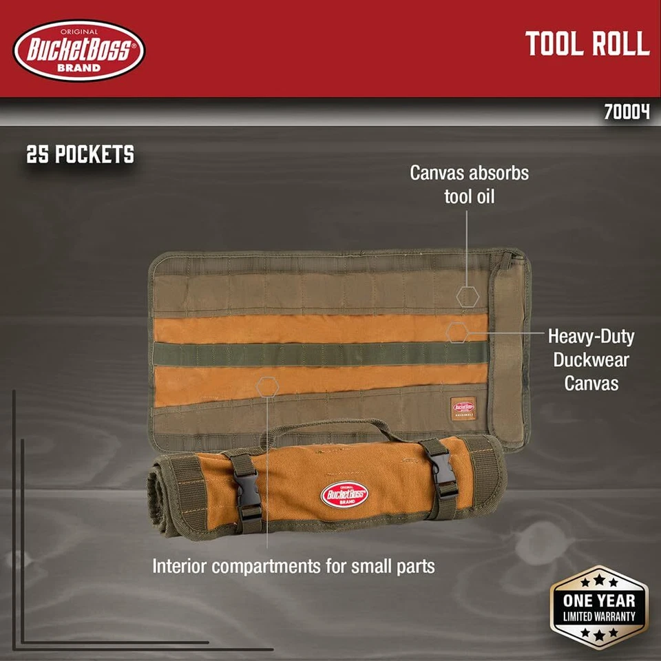 Heavy Duty Canvas Tool Roll Organizer with 25 Pockets and Quick Release Buckles - Image 2 of 4
