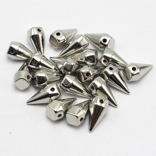 100 Silver Tone Metallic Rock Punk Spike Rivet Acrylic Taper Stud Beads 13X6mm