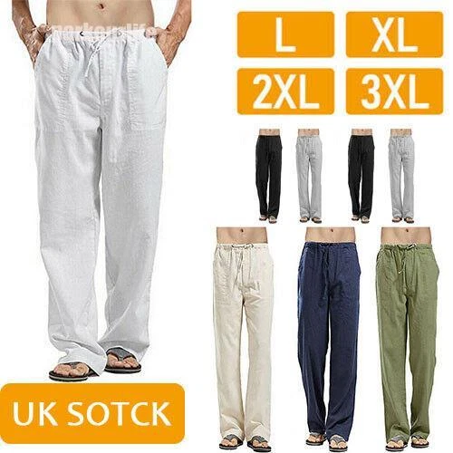 Mens Linen Baggy Trousers Summer Casual Pants Soft Cotton Loose