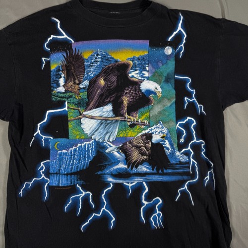 Vtg 90s American Thunder Tee Shirt Mens Black Lightning AOP Native Eagle Nature - Picture 8 of 19