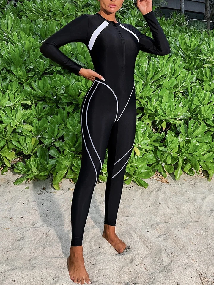 Mujeres 2024 Nuevo Traje de Baño Negro Manga Larga Una Pieza Mujer Estilo Coreano Traje de Surf Foto 2 de 4