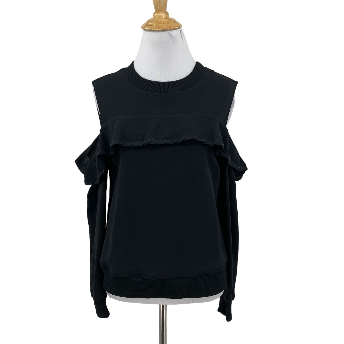 ALC Shirt Womens Black Cold Shoulder Ruffle Trim Silk Blend Long