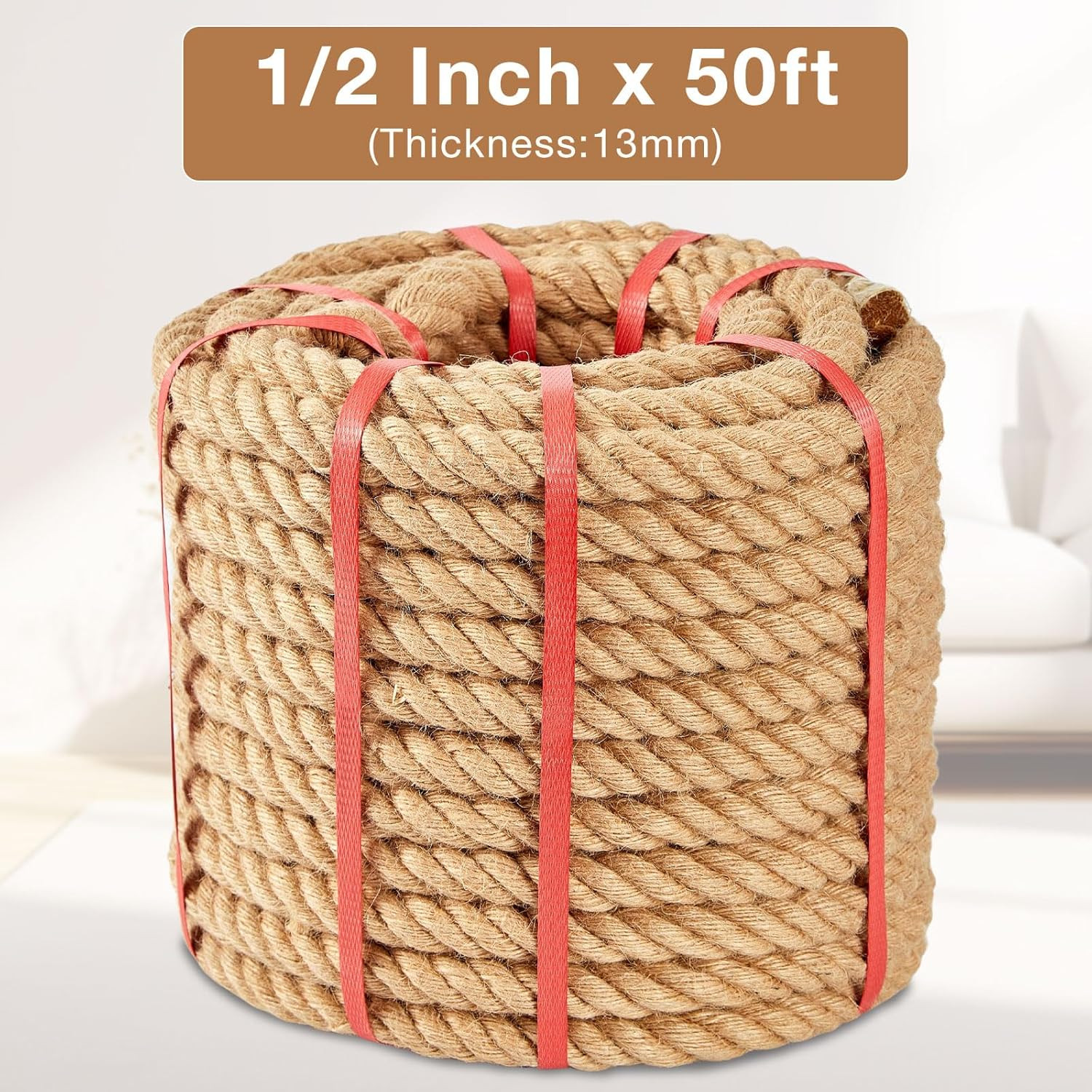 Jute Rope 1/2 Inch x 50 FT Twisted Heavy Duty Hemp/Manila Rope