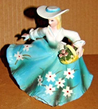 Vintage Lefton #3000B Lady Figurine Planter Ceramic Blue Dress and Hat & Basket